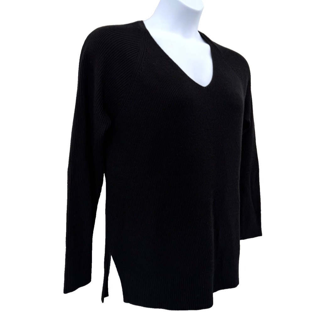 Athleta Hanover Merino Wool Blend Sweater Women Medium Black V Neck Rib Knit